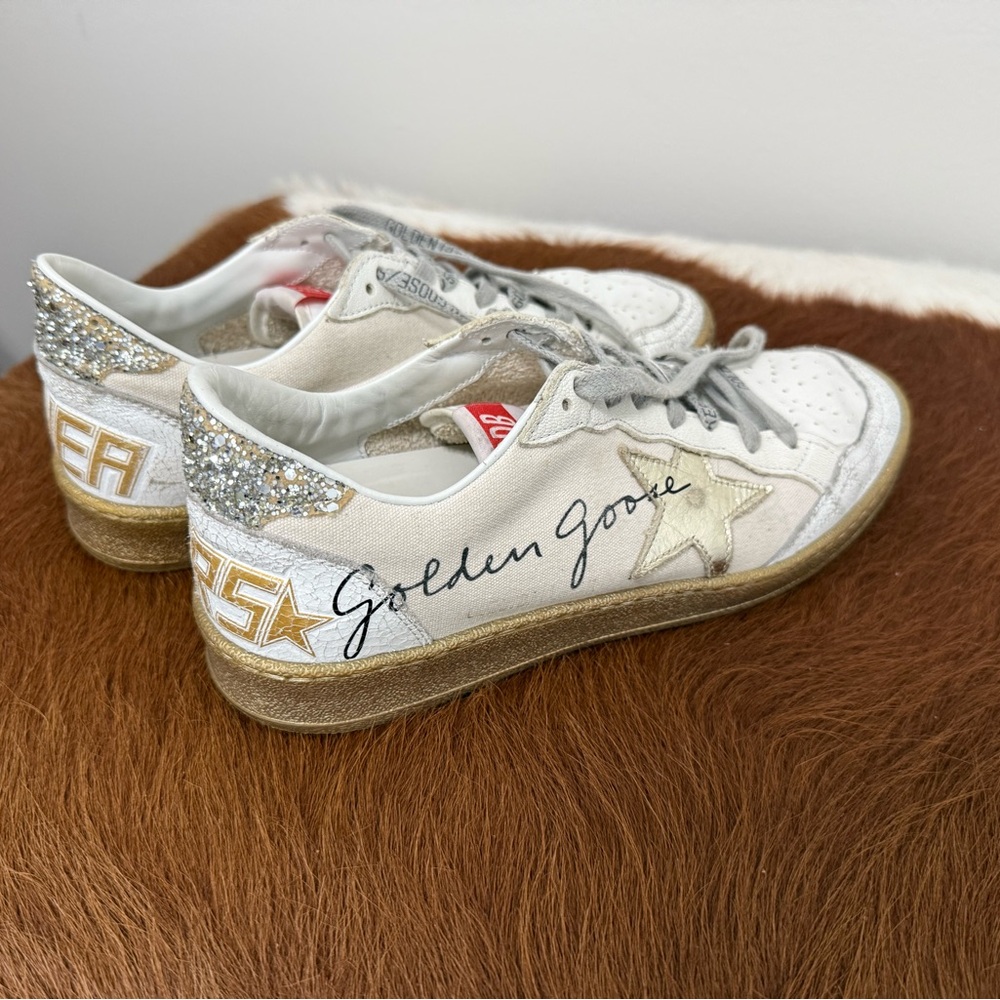 Golden Goose Ball Star Sneakers White Leather/canvas, Gold Star/Soles, Glitter